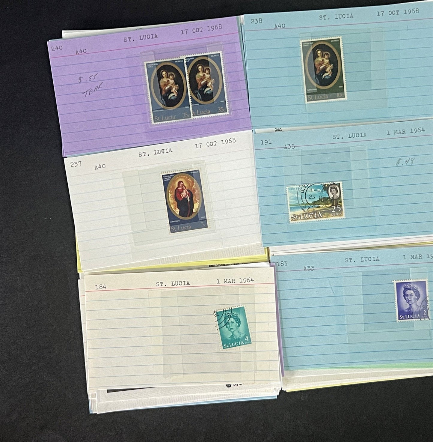 St. Lucia Stamp Collection on Dealer Cards $327 Catalog Value ZAYIX 0825CB14518