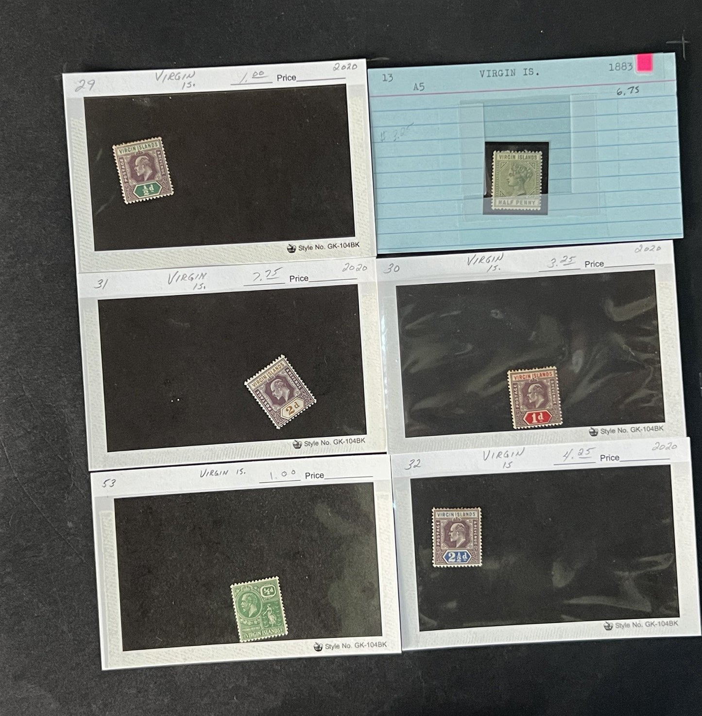 Virgin Islands Stamp Collection on Dealer Cards $52 Cat Value ZAYIX 0825CB14519
