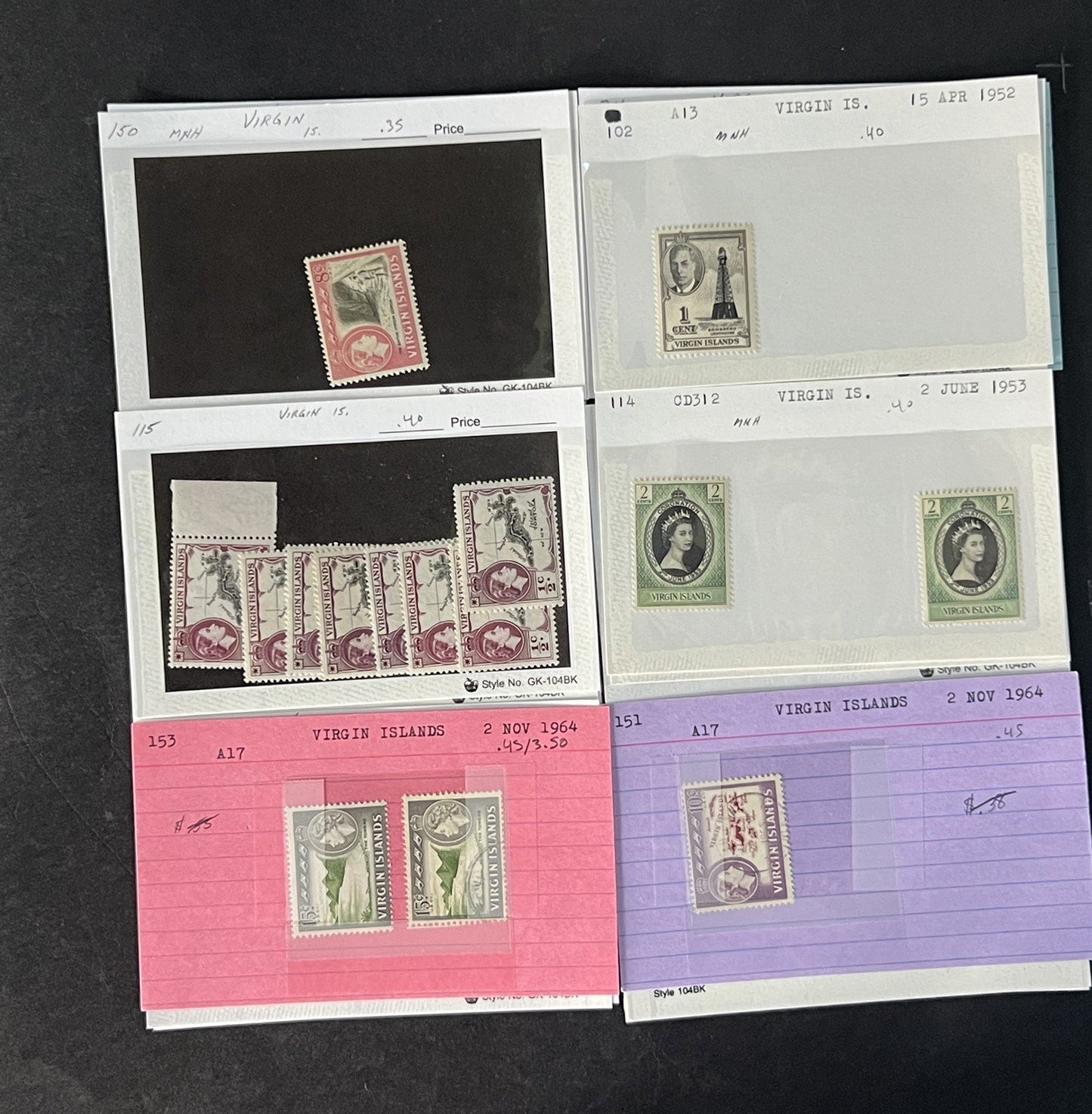 Virgin Islands Stamp Collection on Dealer Cards $52 Cat Value ZAYIX 0825CB14519