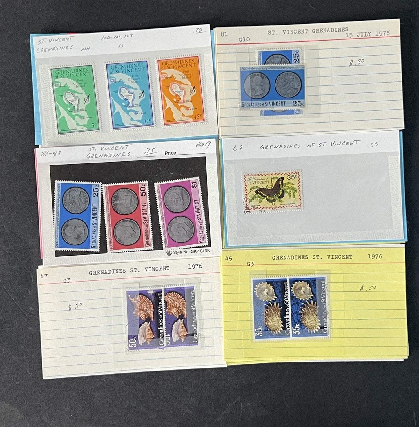 St Vincent Grenadines Collection on Dealer Cards $82 Cat Value ZAYIX 0825CB14520