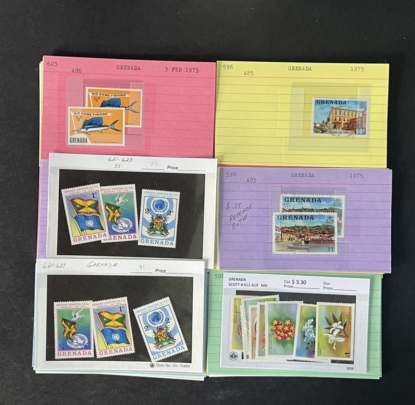 Grenada Stamp Collection 2 on Dealer Cards $148 Cat Value ZAYIX 0825CB14522