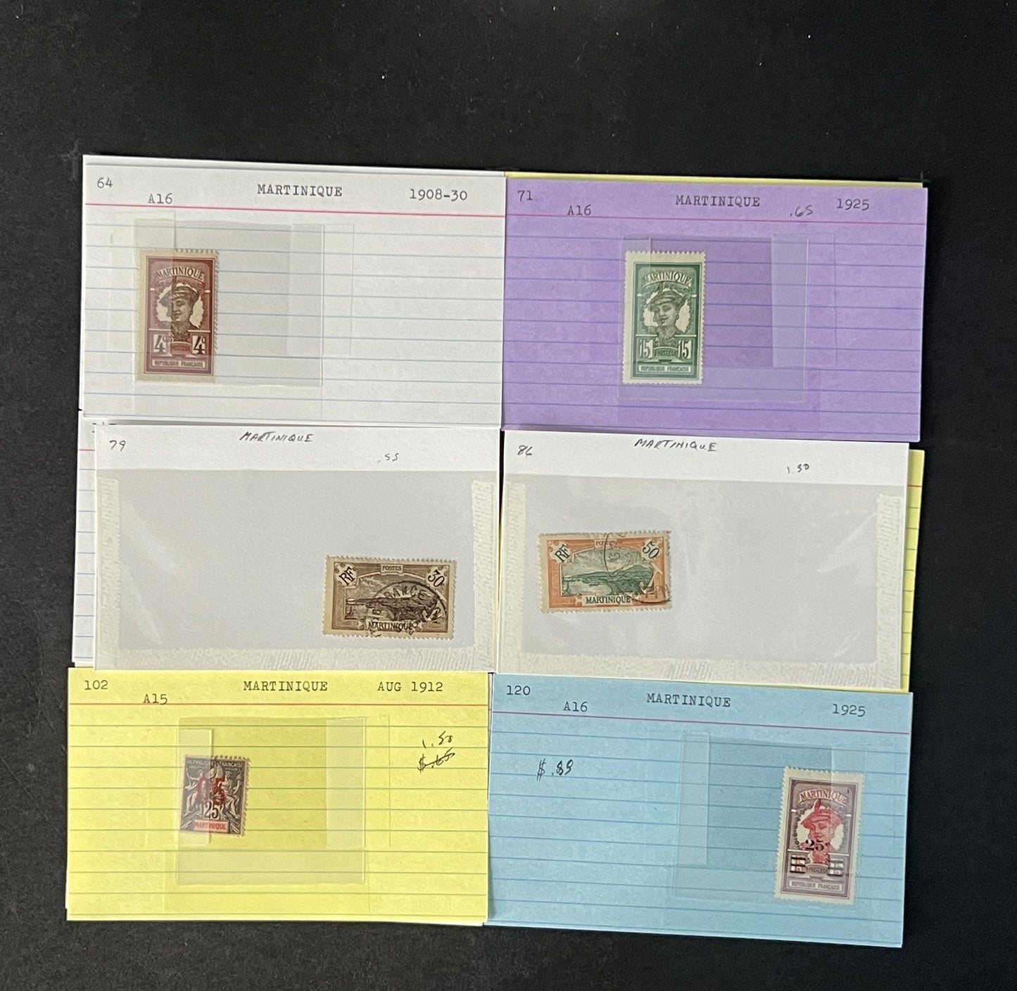 Martinique Stamp Collection on Dealer Cards $88 Cat Val ZAYIX 0825CB14540