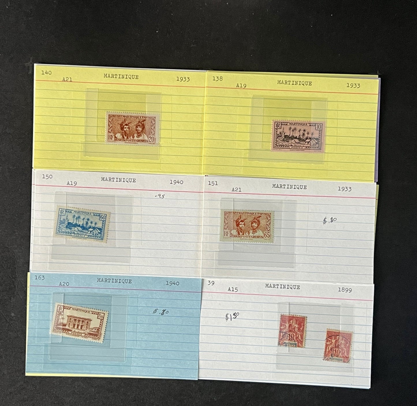 Martinique Stamp Collection on Dealer Cards $88 Cat Val ZAYIX 0825CB14540
