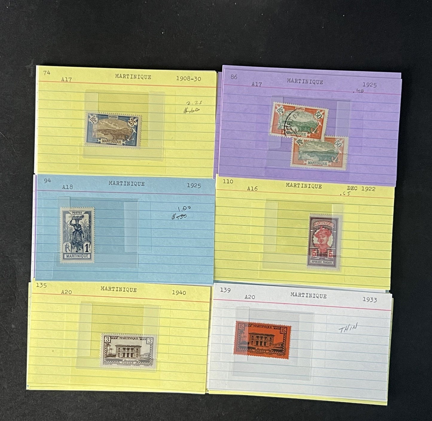 Martinique Stamp Collection on Dealer Cards $88 Cat Val ZAYIX 0825CB14540