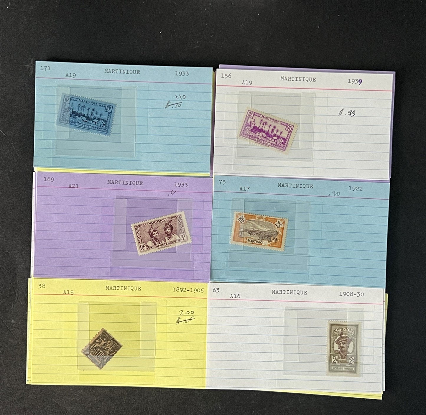 Martinique Stamp Collection on Dealer Cards $88 Cat Val ZAYIX 0825CB14540