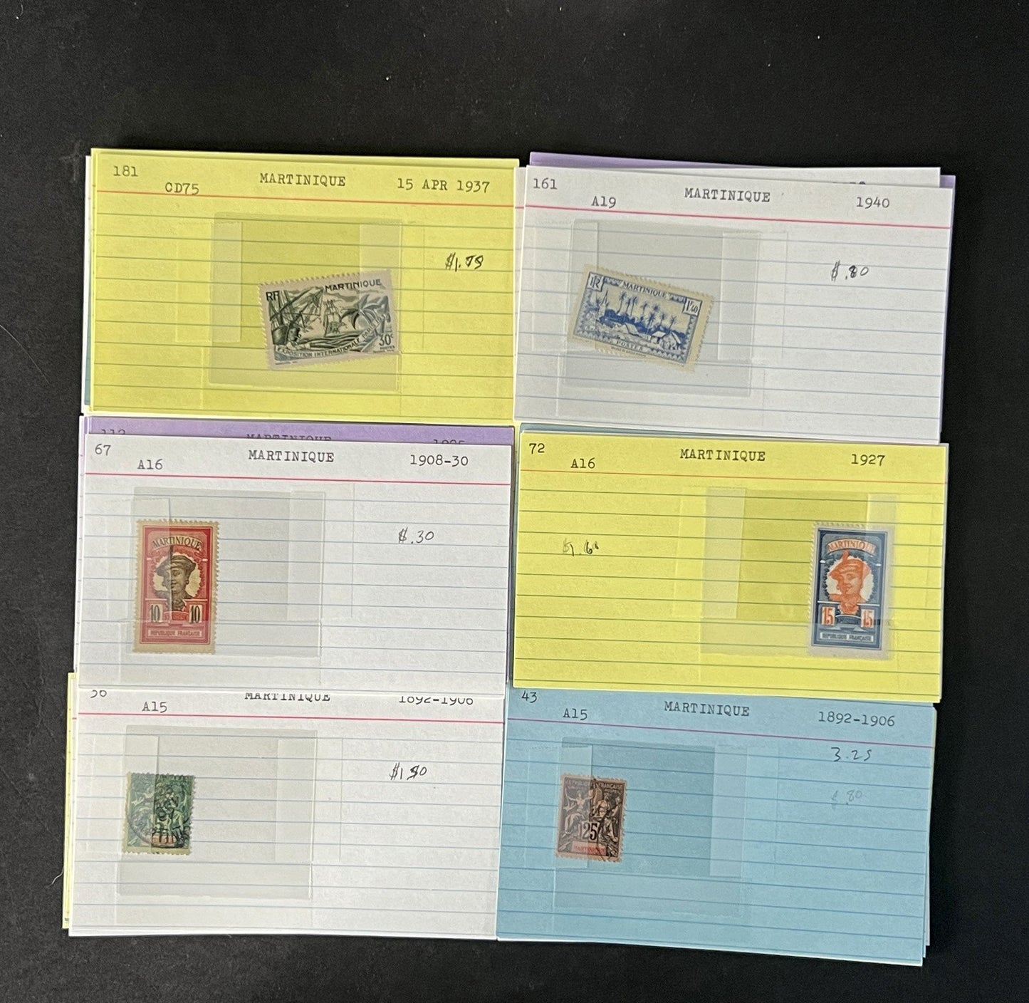 Martinique Stamp Collection on Dealer Cards $88 Cat Val ZAYIX 0825CB14540