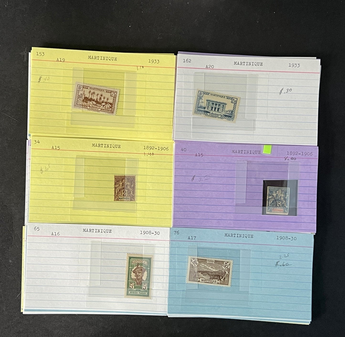 Martinique Stamp Collection on Dealer Cards $88 Cat Val ZAYIX 0825CB14540