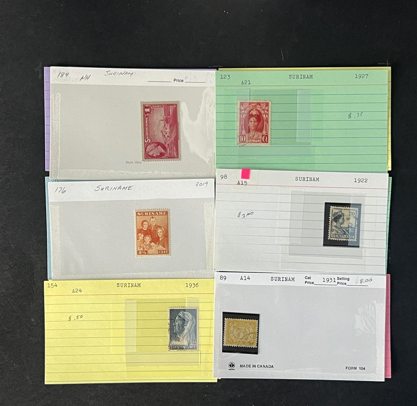 Suriname Stamp Collection on Dealer Cards $65 Cat Val ZAYIX 0825CB14541