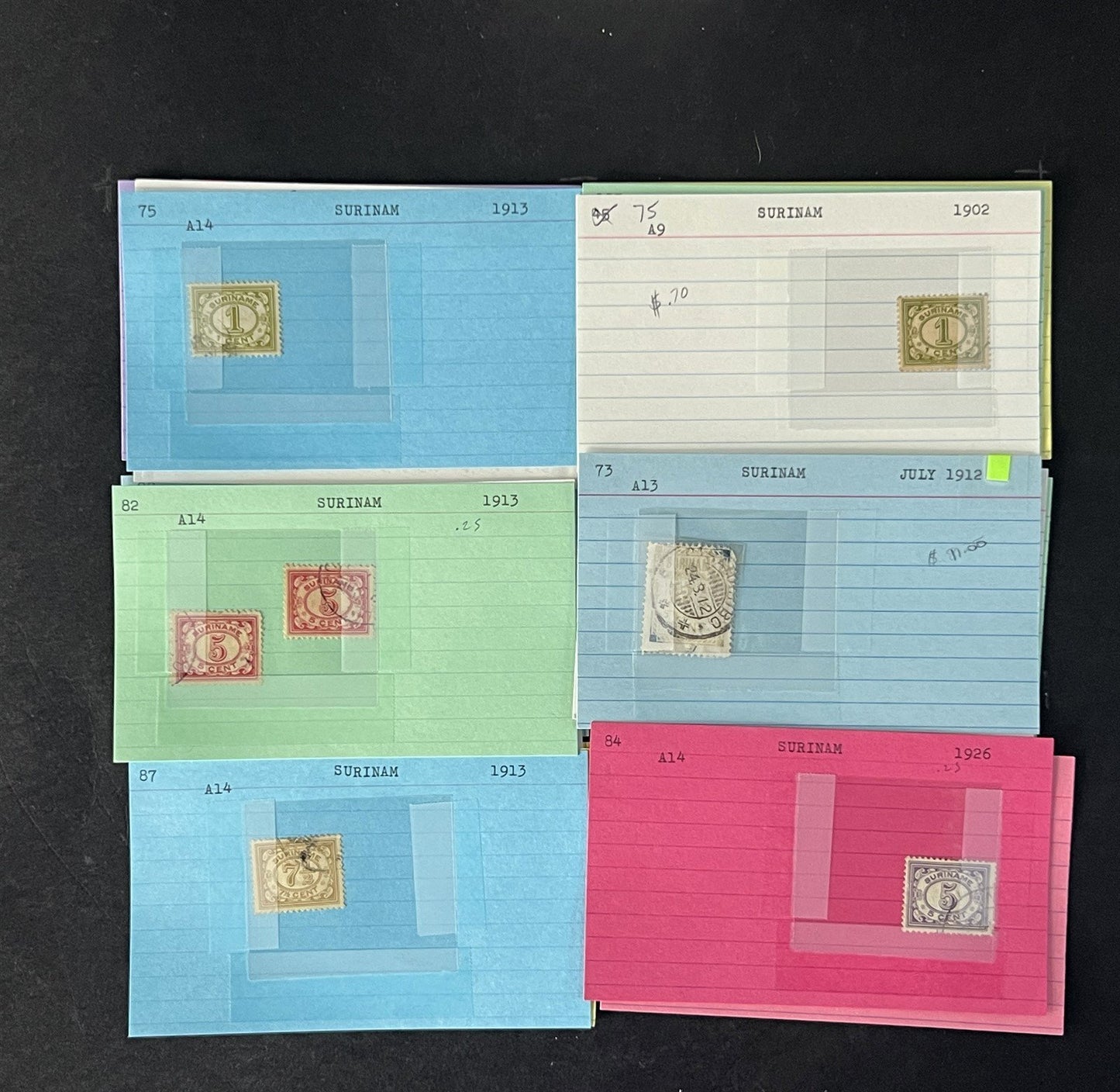 Suriname Stamp Collection on Dealer Cards $65 Cat Val ZAYIX 0825CB14541
