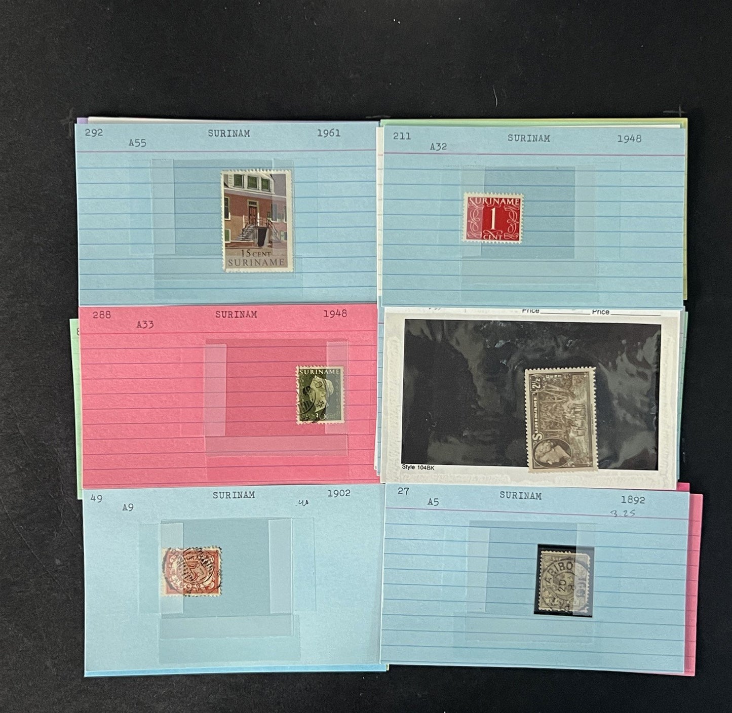 Suriname Stamp Collection on Dealer Cards $65 Cat Val ZAYIX 0825CB14541