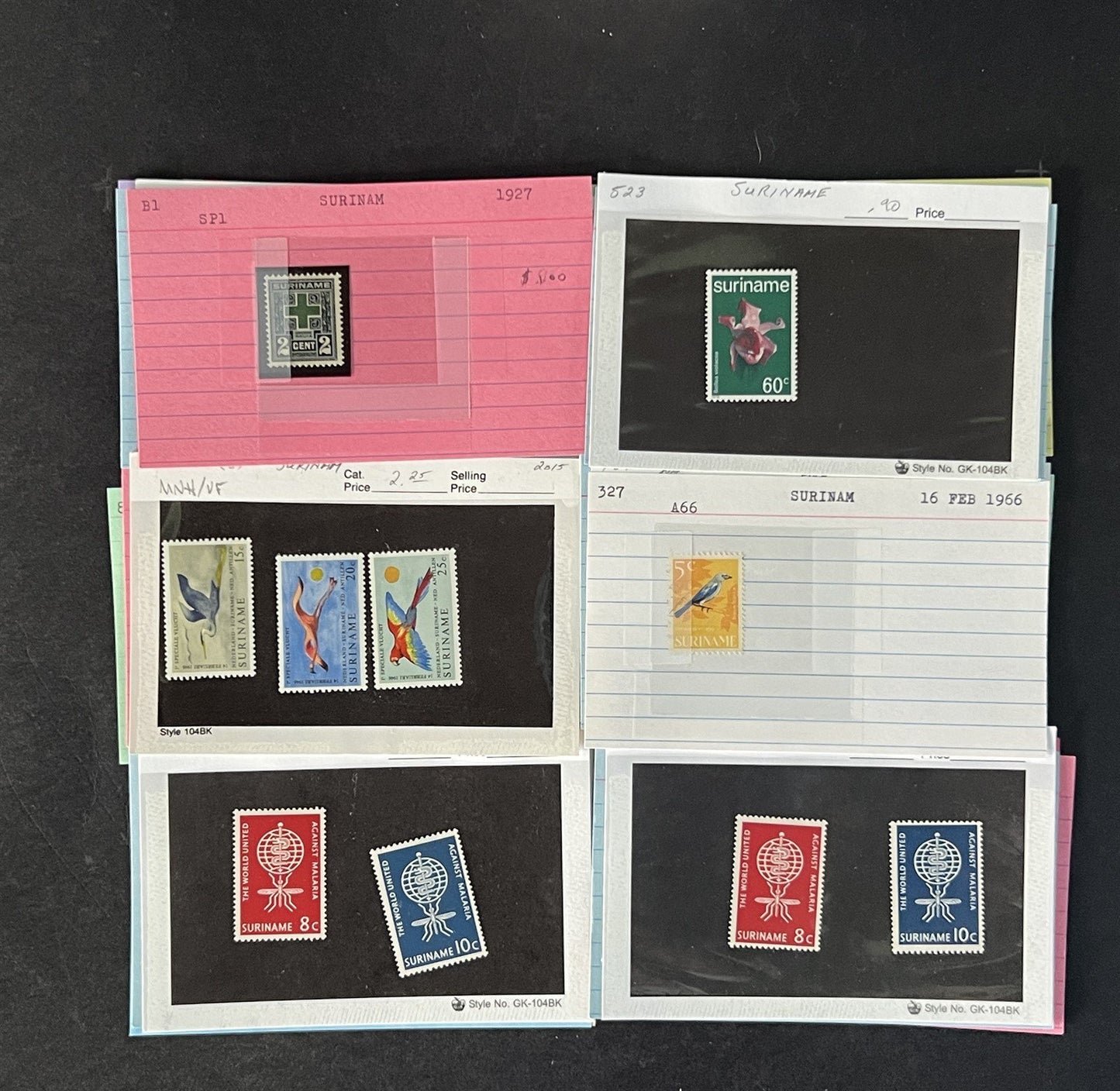 Suriname Stamp Collection on Dealer Cards $65 Cat Val ZAYIX 0825CB14541
