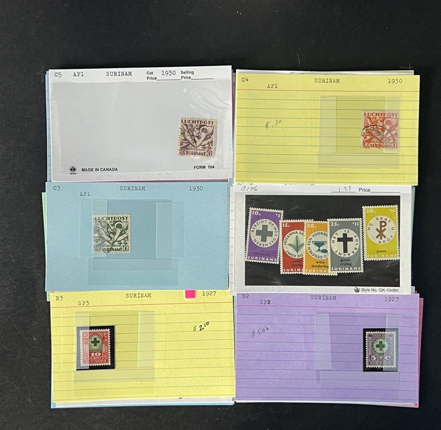 Suriname Stamp Collection on Dealer Cards $65 Cat Val ZAYIX 0825CB14541