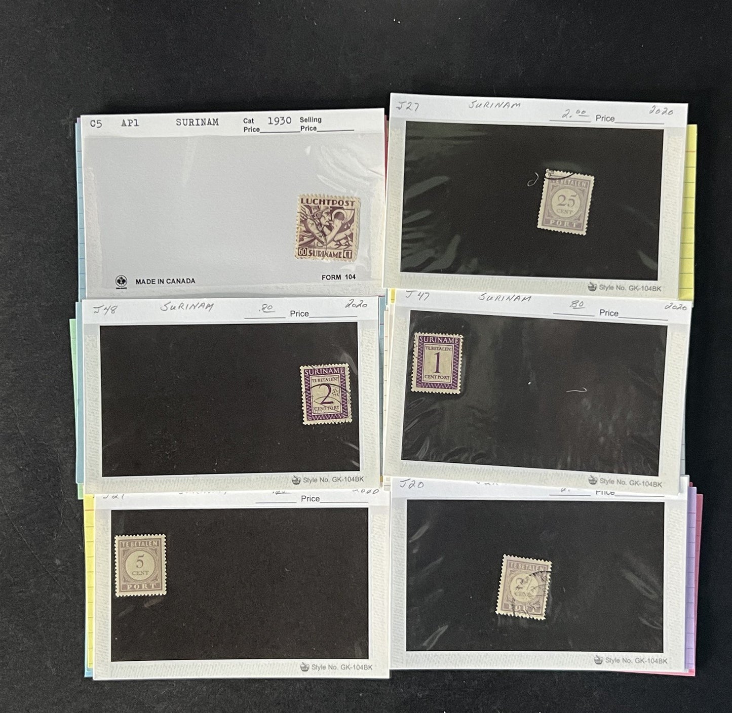 Suriname Stamp Collection on Dealer Cards $65 Cat Val ZAYIX 0825CB14541