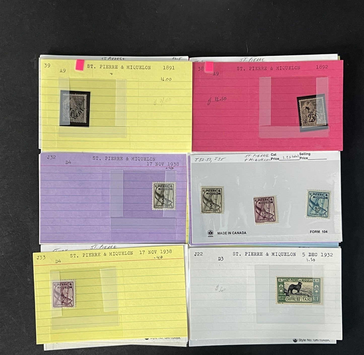 St. Pierre & Miquelon Stamp Collection on Dealer Cards $421 CV ZAYIX 0825CB14546