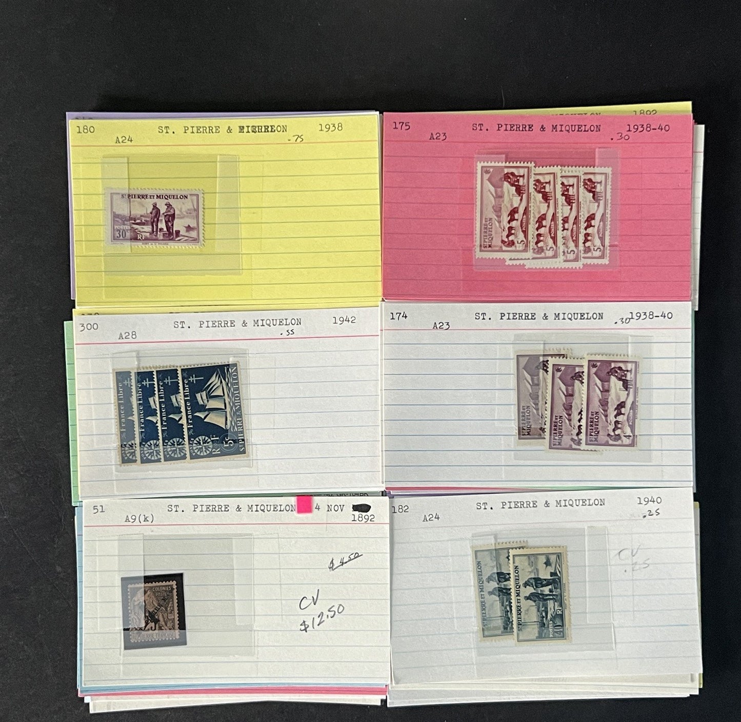 St. Pierre & Miquelon Stamp Collection on Dealer Cards $421 CV ZAYIX 0825CB14546