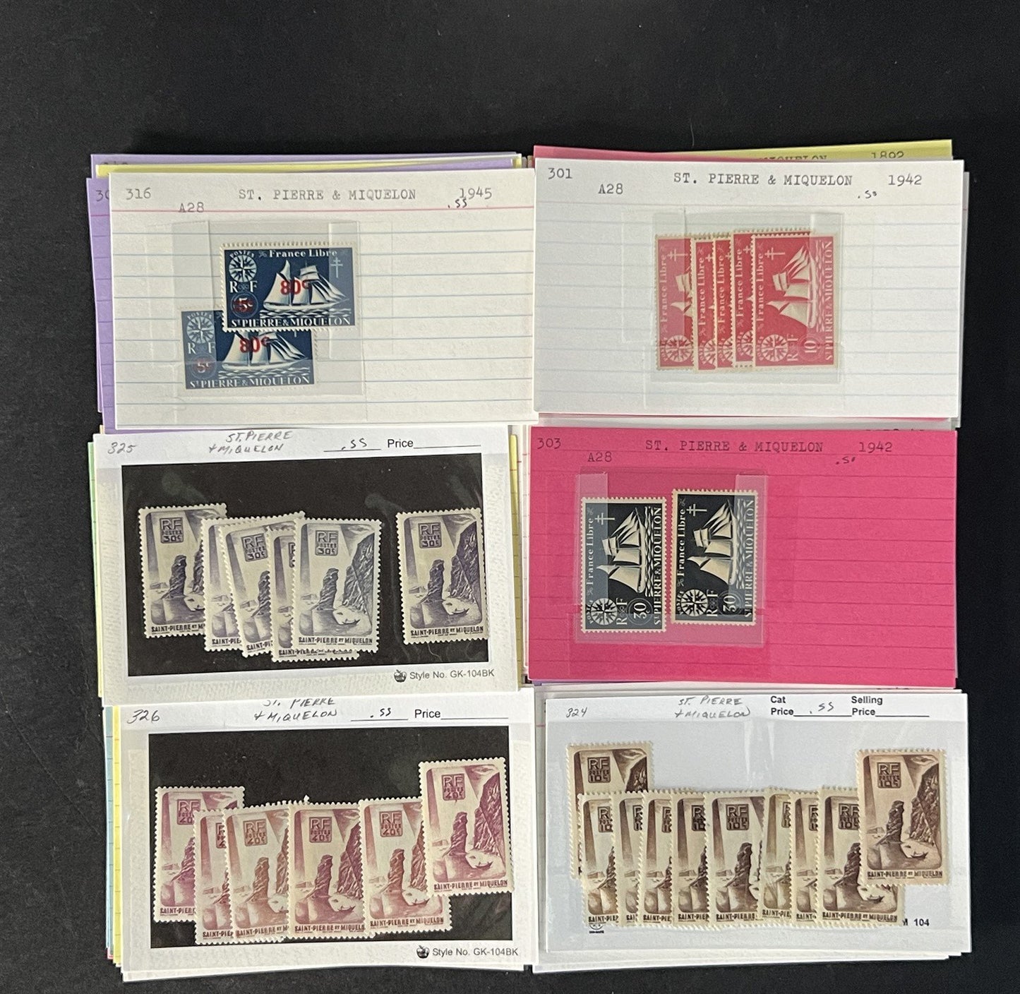 St. Pierre & Miquelon Stamp Collection on Dealer Cards $421 CV ZAYIX 0825CB14546