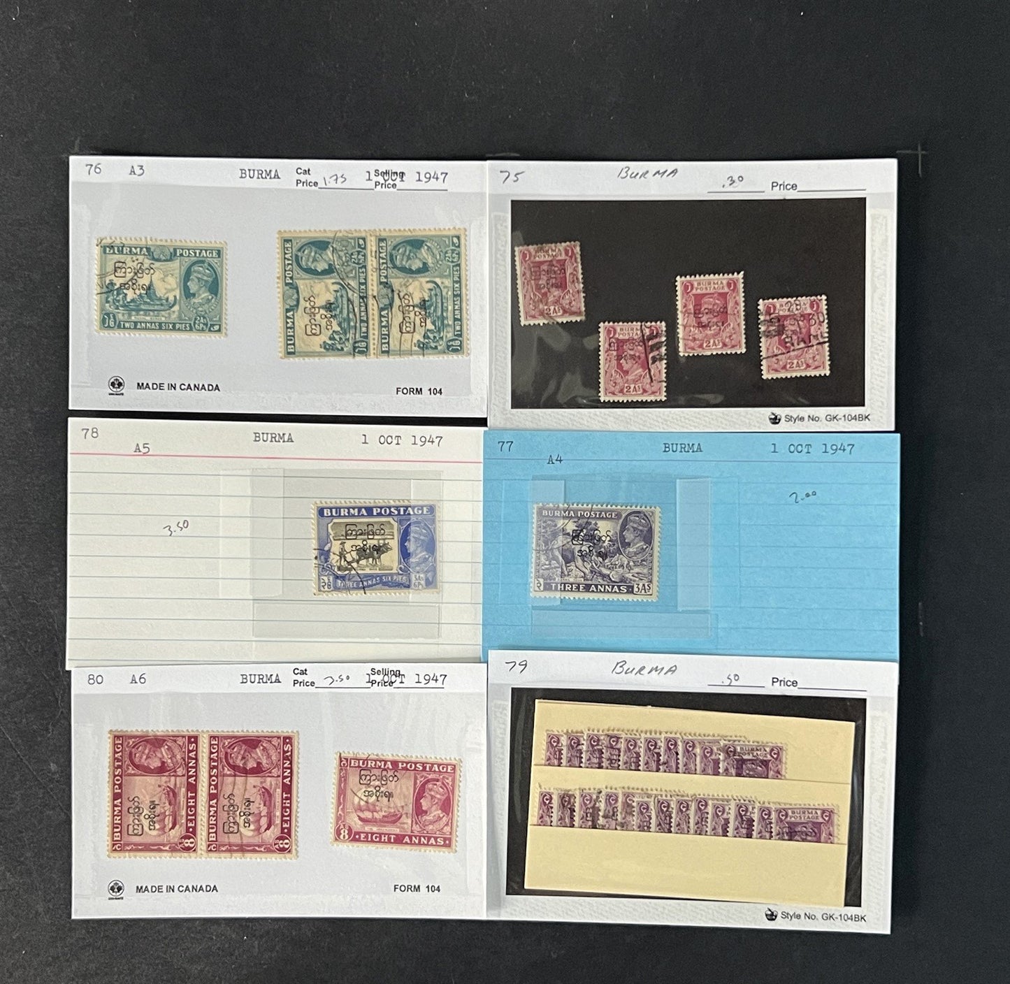 Burma Stamp Collection on Dealer Cards $494 Catalog Value ZAYIX 0825CB14567