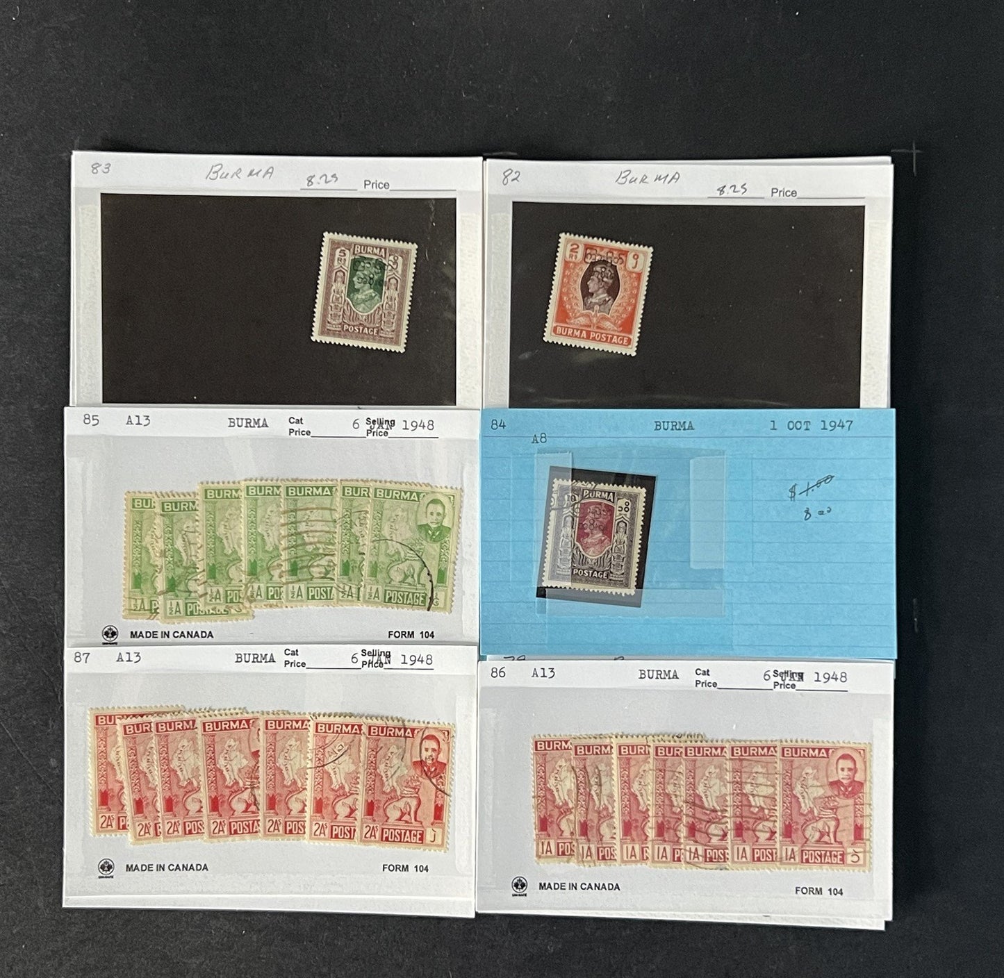 Burma Stamp Collection on Dealer Cards $494 Catalog Value ZAYIX 0825CB14567