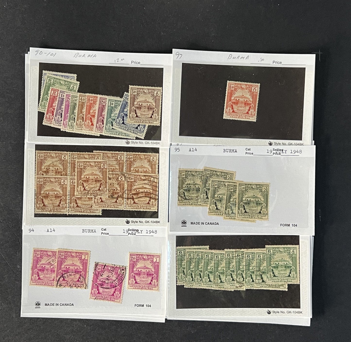 Burma Stamp Collection on Dealer Cards $494 Catalog Value ZAYIX 0825CB14567