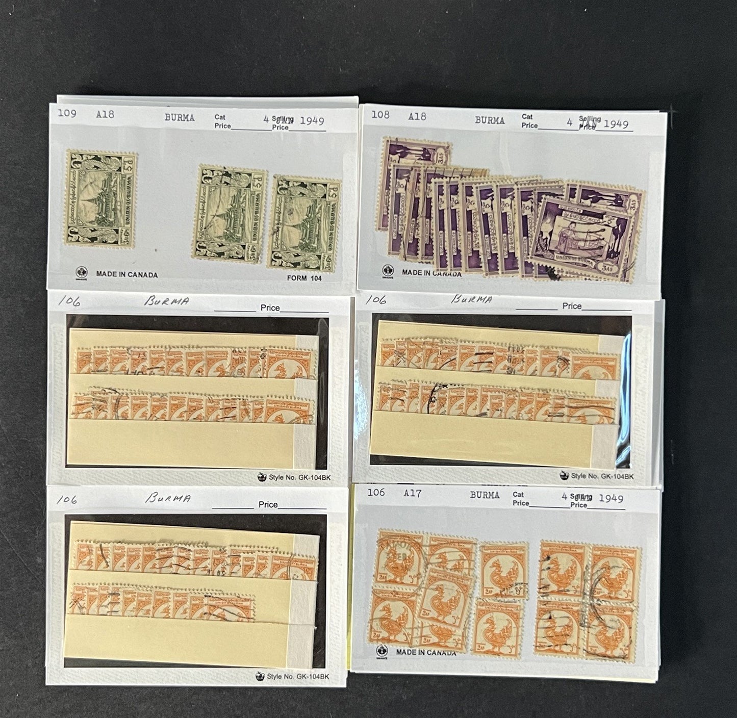 Burma Stamp Collection on Dealer Cards $494 Catalog Value ZAYIX 0825CB14567