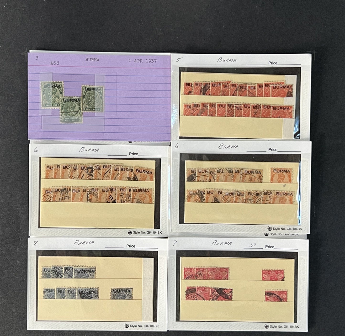 Burma Stamp Collection on Dealer Cards $494 Catalog Value ZAYIX 0825CB14567