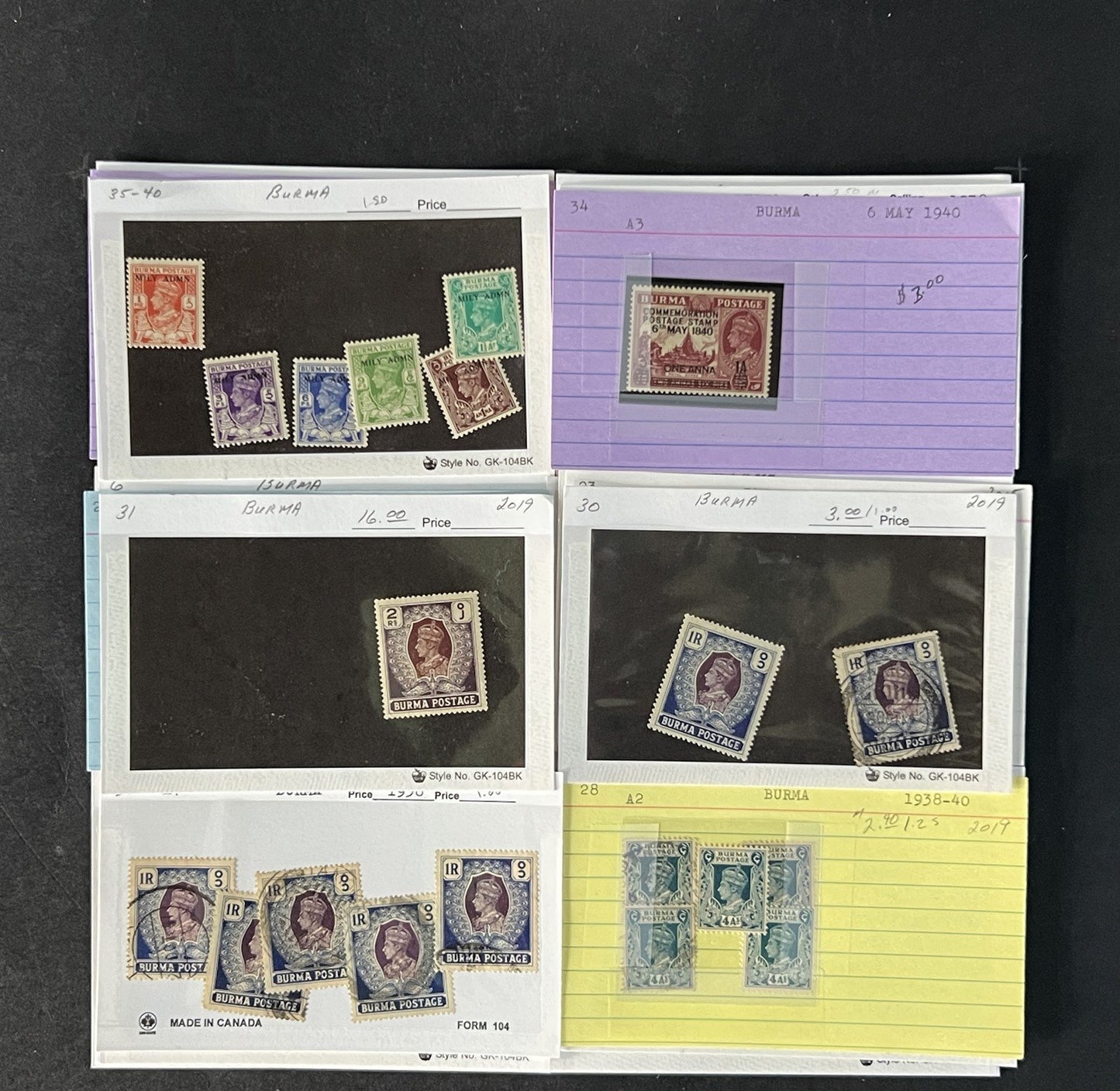 Burma Stamp Collection on Dealer Cards $494 Catalog Value ZAYIX 0825CB14567