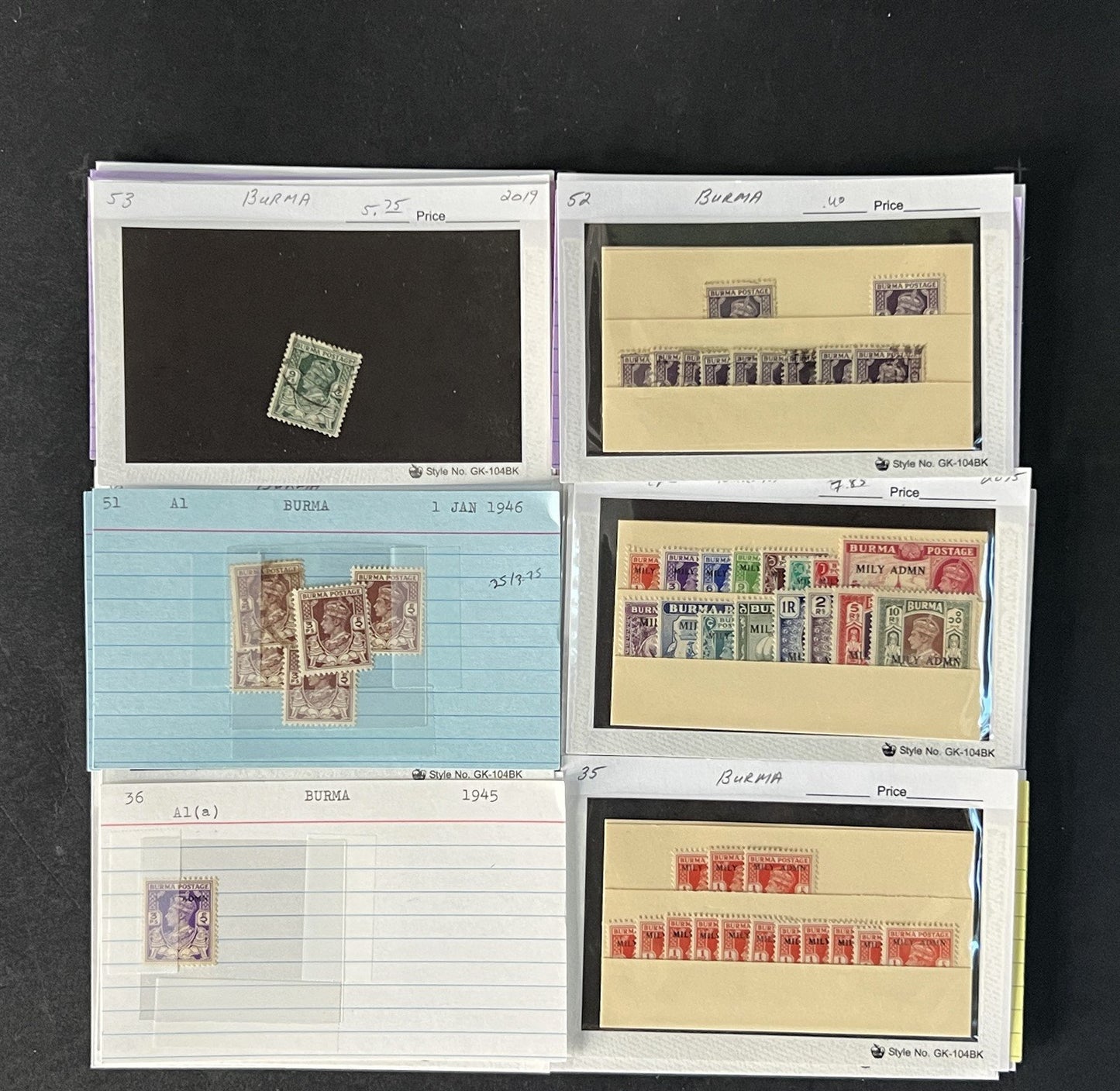 Burma Stamp Collection on Dealer Cards $494 Catalog Value ZAYIX 0825CB14567