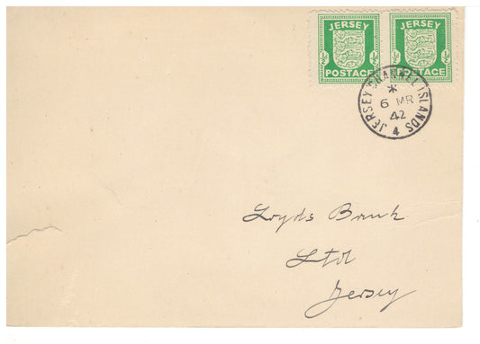 Jersey German Occupation 1/2 p pair on card (torn on left) ZAYIX 0825JG4573