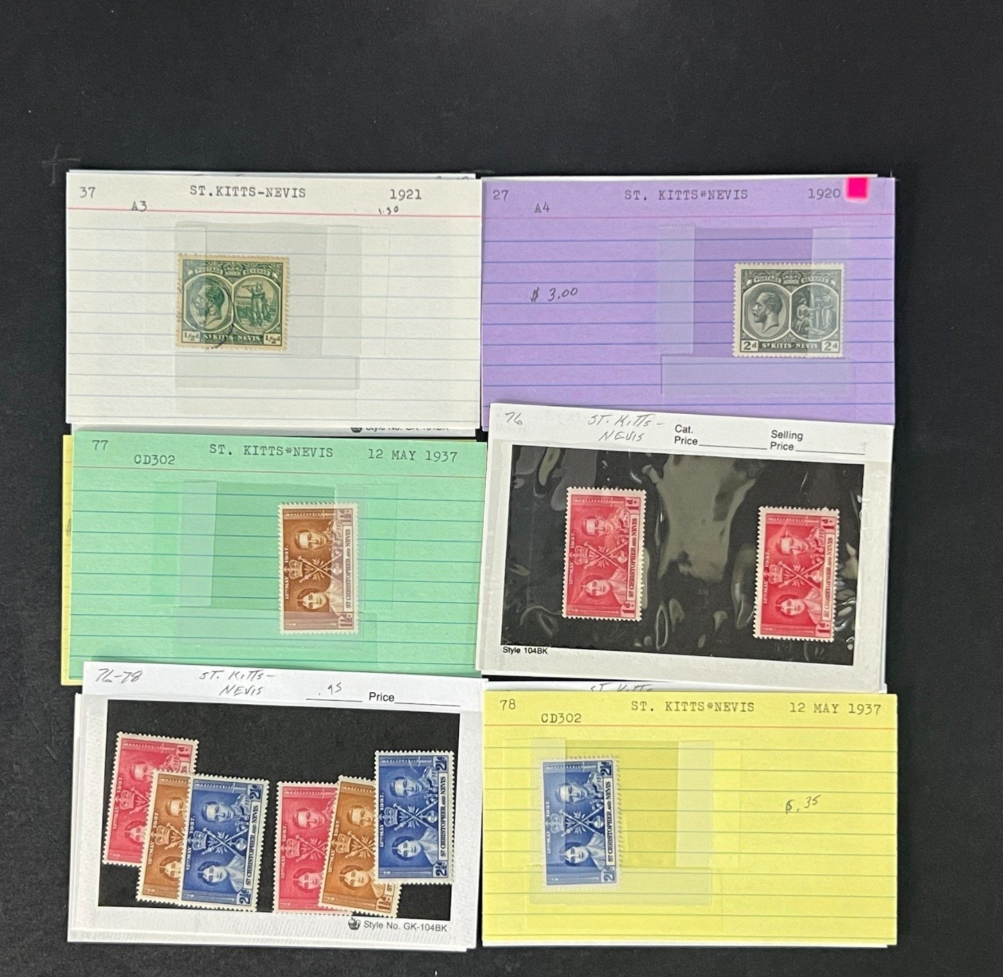 St. Kitts Nevis Stamp Collection on Dealer Cards $112 CV ZAYIX 0825CB514611