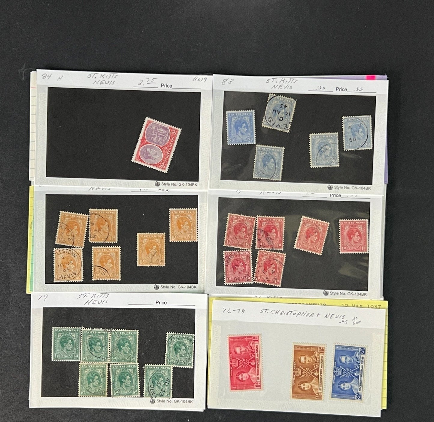 St. Kitts Nevis Stamp Collection on Dealer Cards $112 CV ZAYIX 0825CB514611