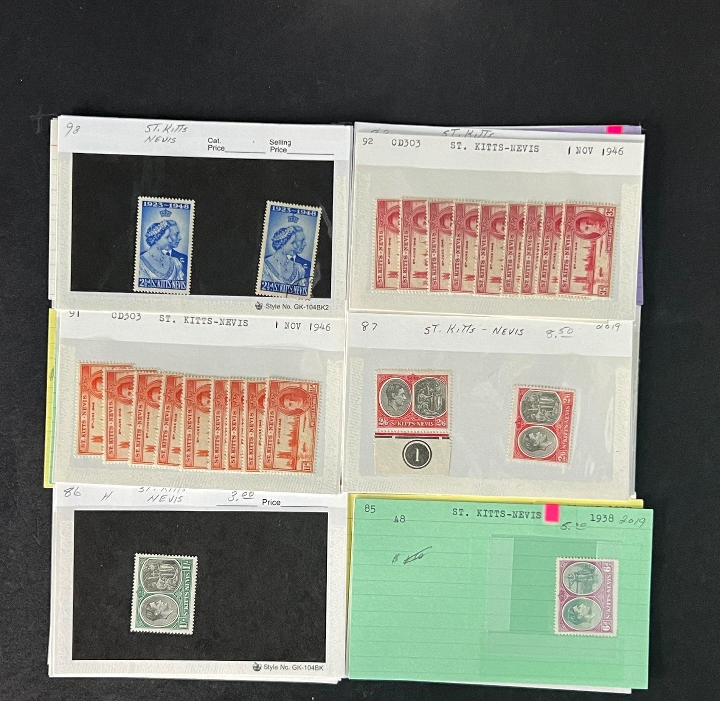 St. Kitts Nevis Stamp Collection on Dealer Cards $112 CV ZAYIX 0825CB514611