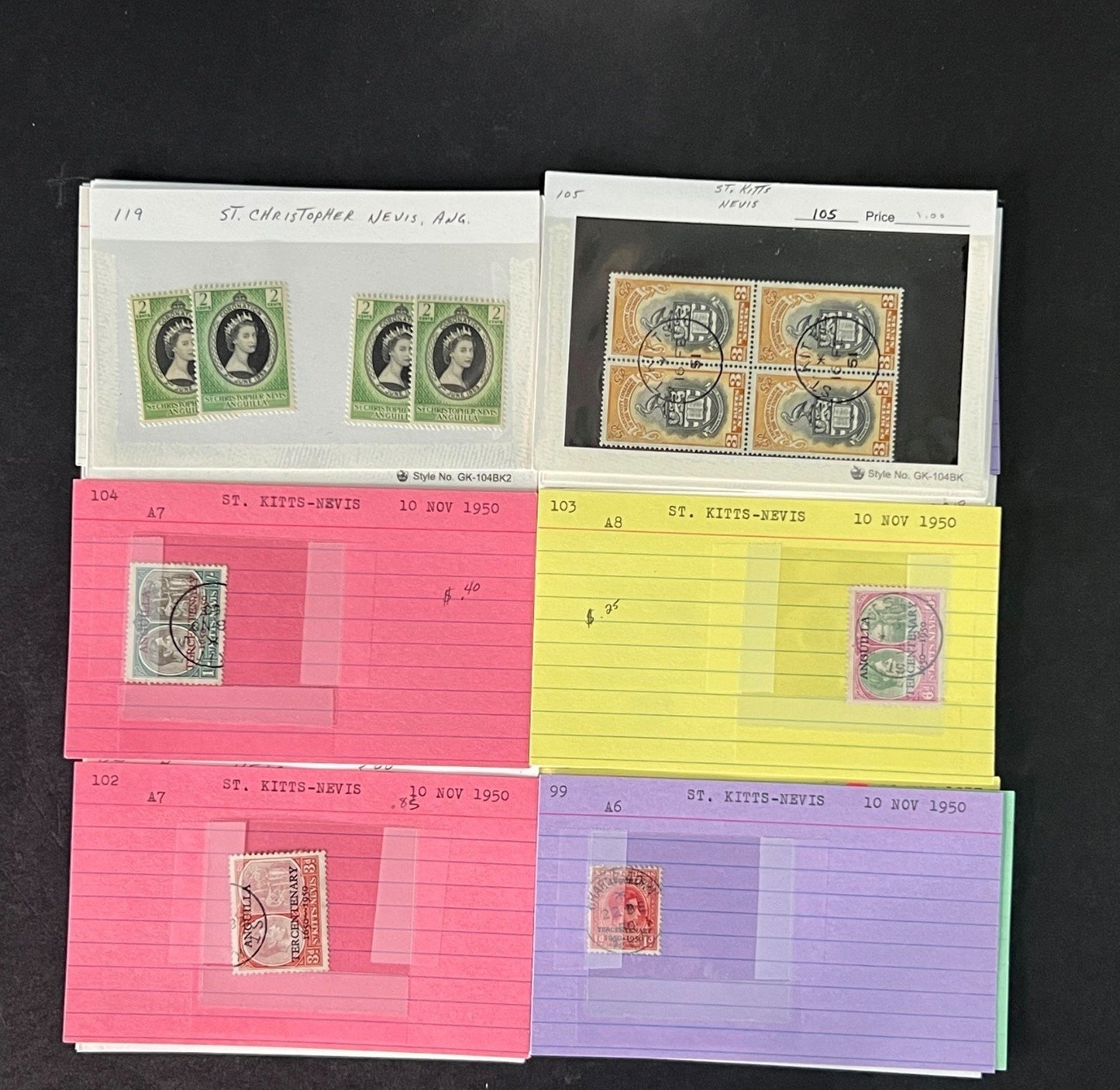 St. Kitts Nevis Stamp Collection on Dealer Cards $112 CV ZAYIX 0825CB514611