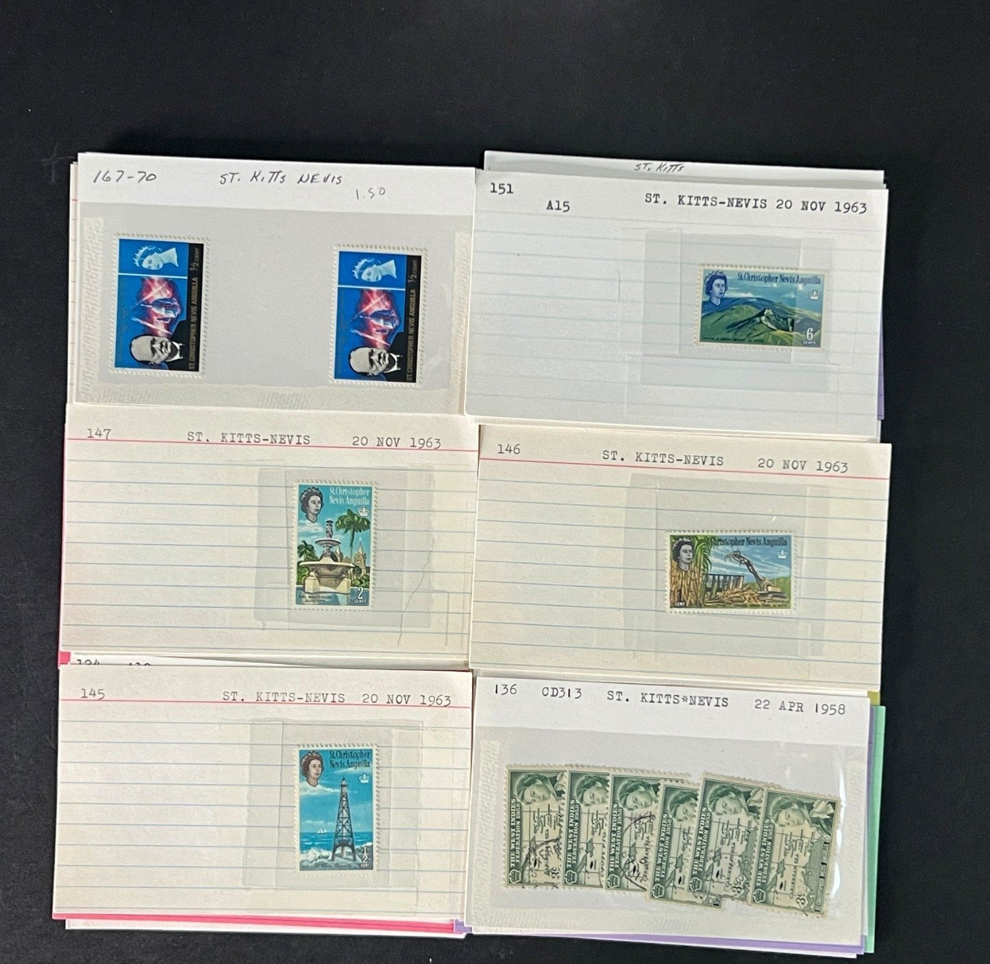 St. Kitts Nevis Stamp Collection on Dealer Cards $112 CV ZAYIX 0825CB514611