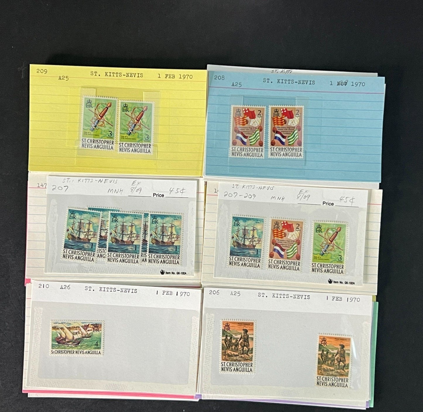 St. Kitts Nevis Stamp Collection on Dealer Cards $112 CV ZAYIX 0825CB514611