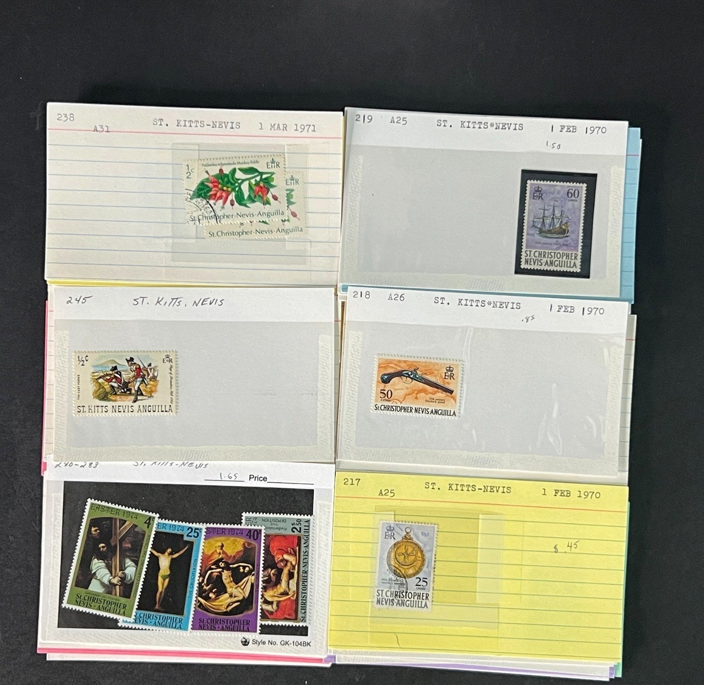 St. Kitts Nevis Stamp Collection on Dealer Cards $112 CV ZAYIX 0825CB514611