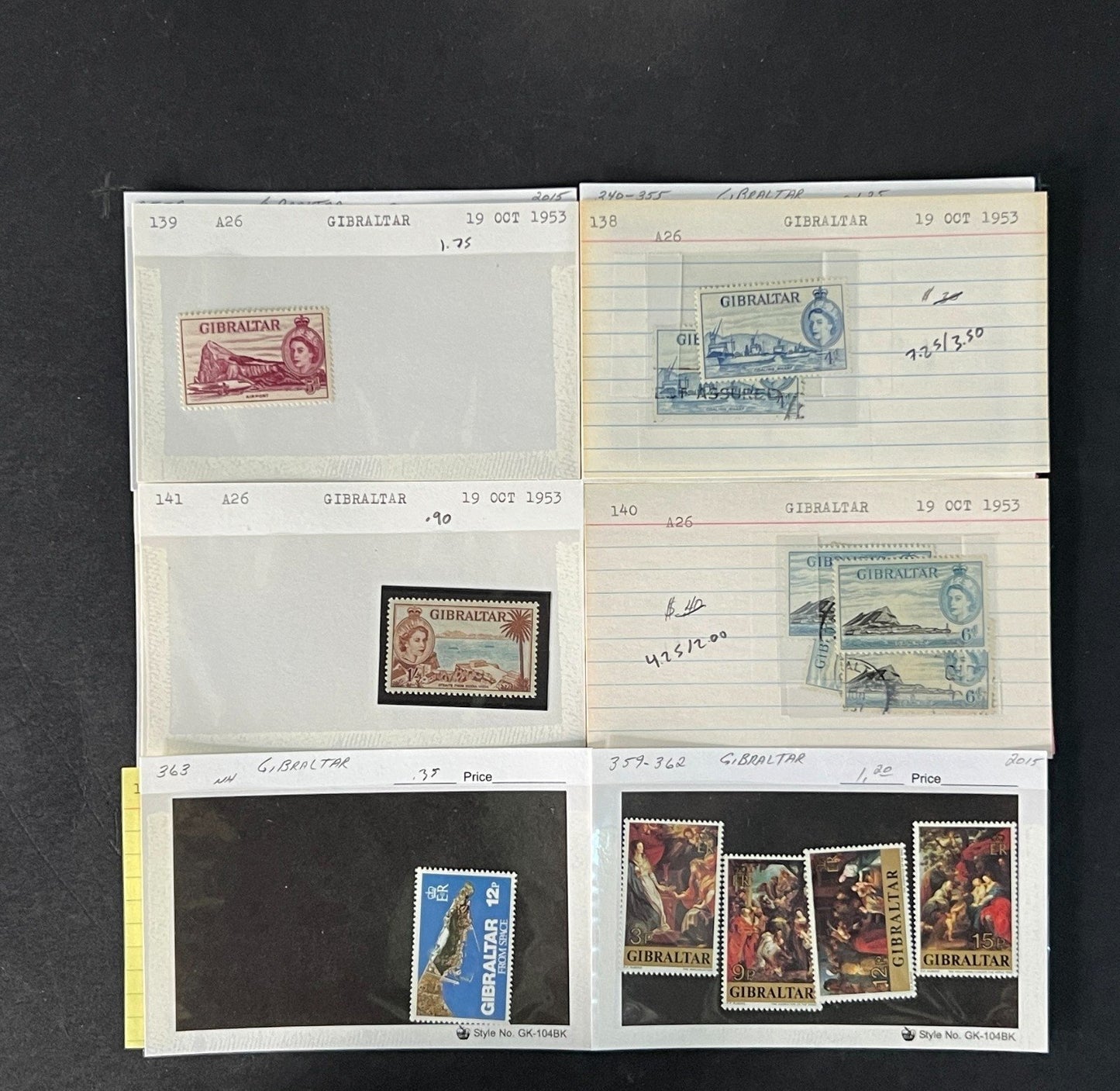 Gibraltar Stamp Collection on Dealer Cards $595 CV ZAYIX 0825CB414621