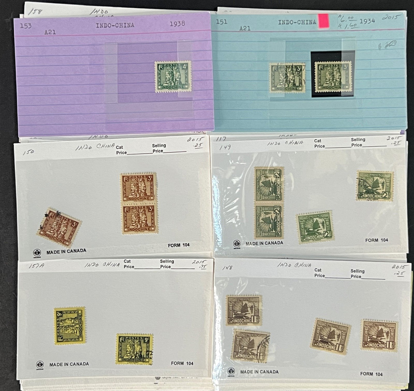 Indo China Stamp Collection on Dealer Cards $241 CV Mint & Used ZAYIX
