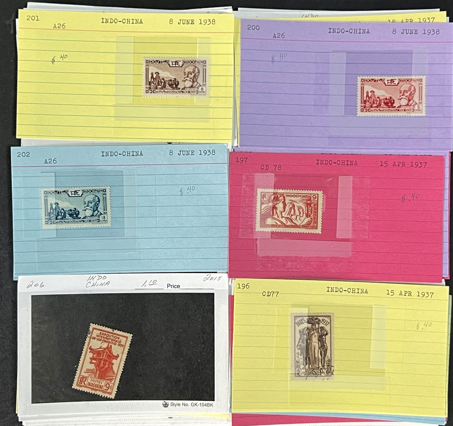 Indo China Stamp Collection on Dealer Cards $241 CV Mint & Used ZAYIX