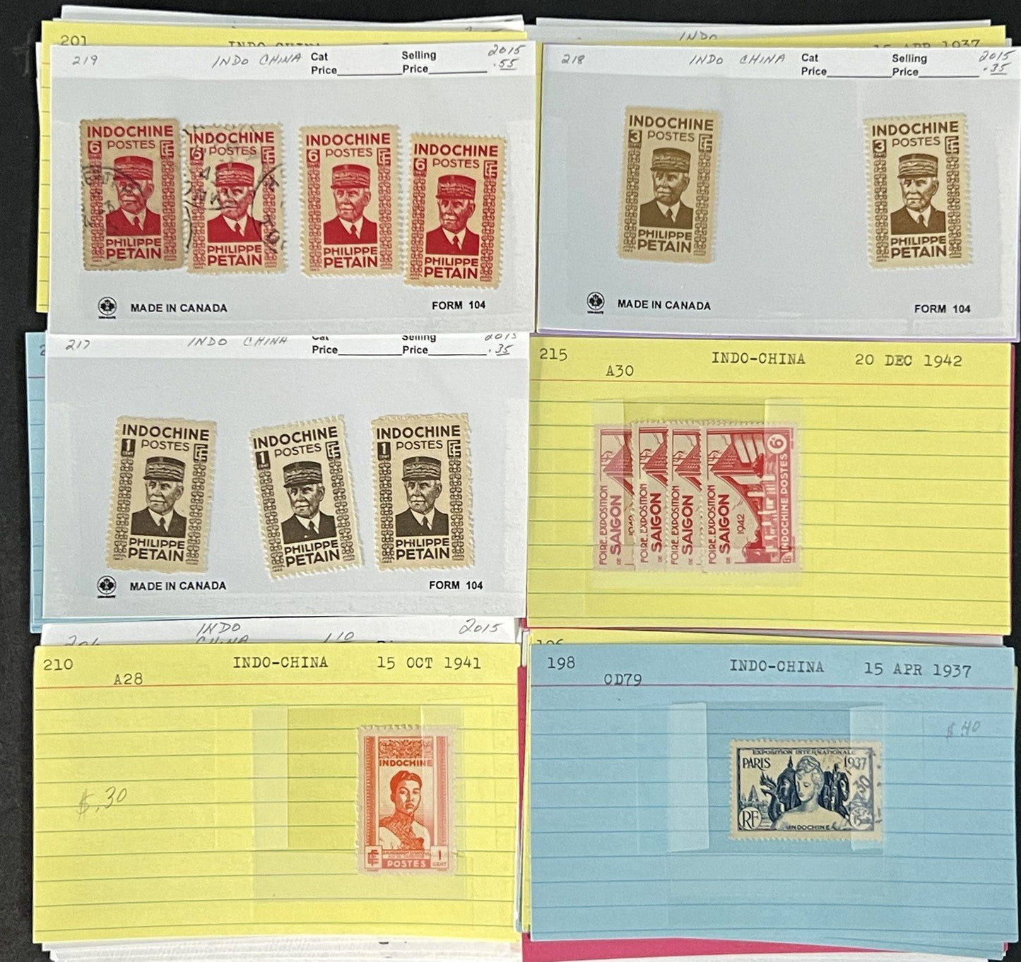 Indo China Stamp Collection on Dealer Cards $241 CV Mint & Used ZAYIX