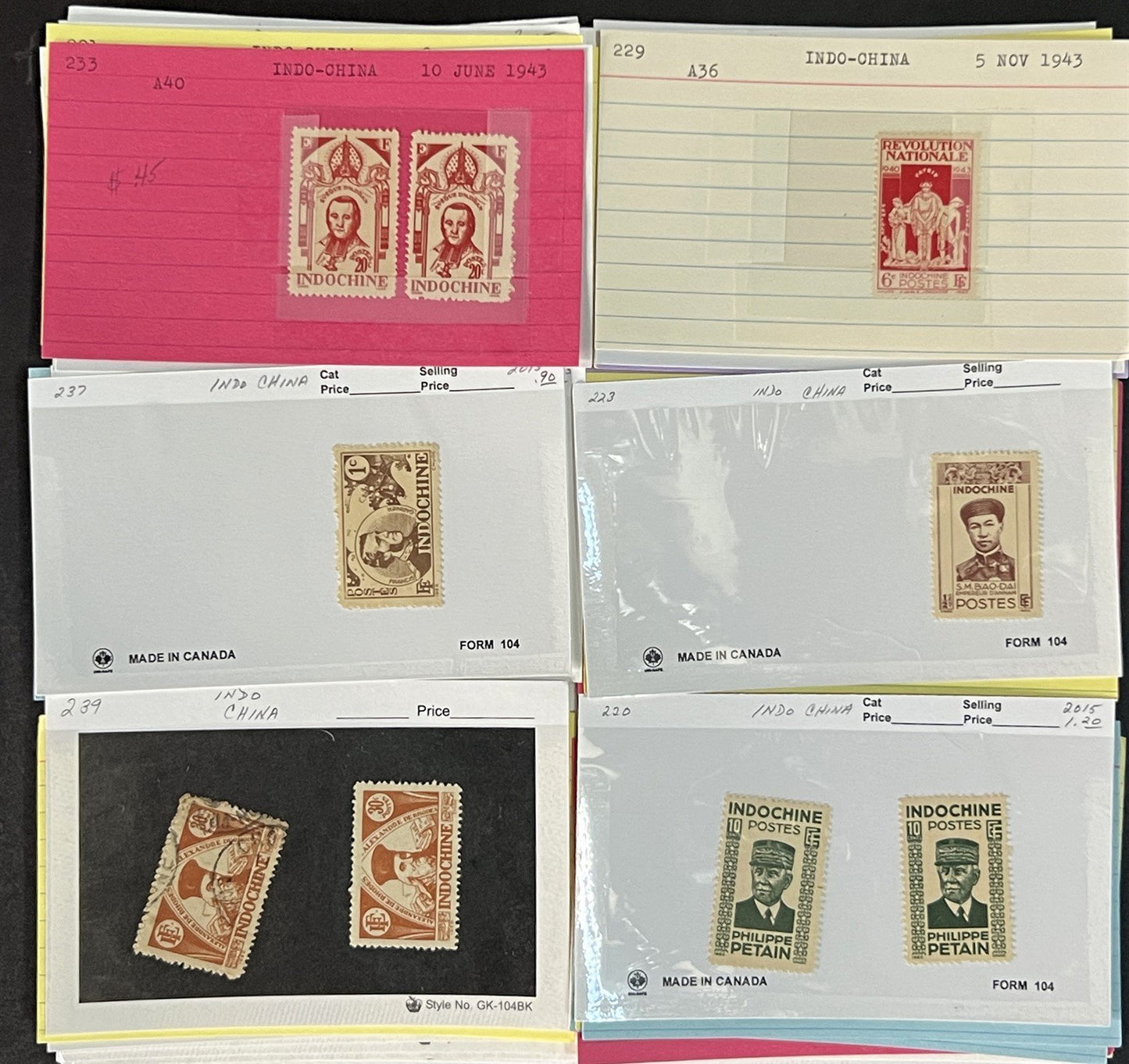Indo China Stamp Collection on Dealer Cards $241 CV Mint & Used ZAYIX