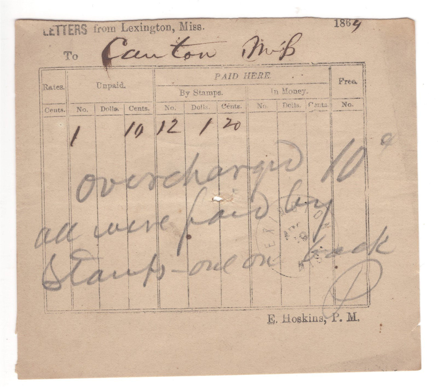 1864 Lexington MS to Canton MS CSA Postal Accounting Form Overcharge Noted ZAYIX