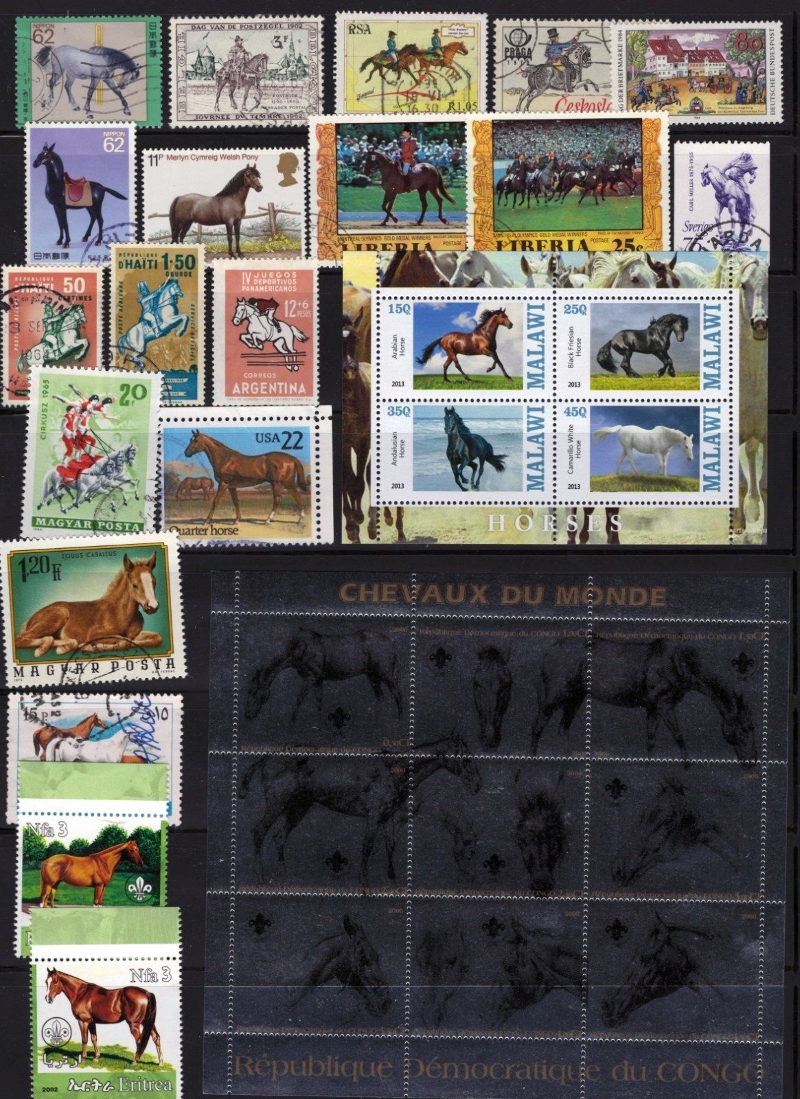 Horses Stamp Collection 4 Stock Pages Sets Singles 130 Stamps Mint/Used ZAYIX