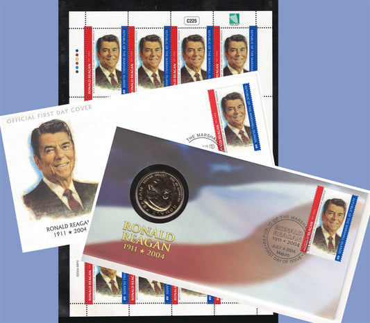 Ronald Reagan on Marshall Islands C225 MNH Mini-Sheet FDC Coin ZAYIX