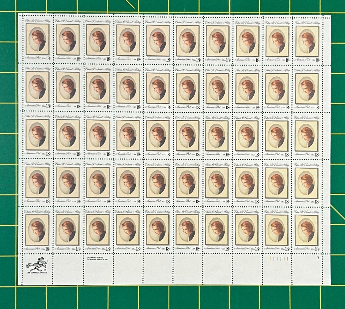 US 1926 Mint Sheet (MNH) Edna St Vincent Millay Poet 18-Cent 1981 ZAYIX