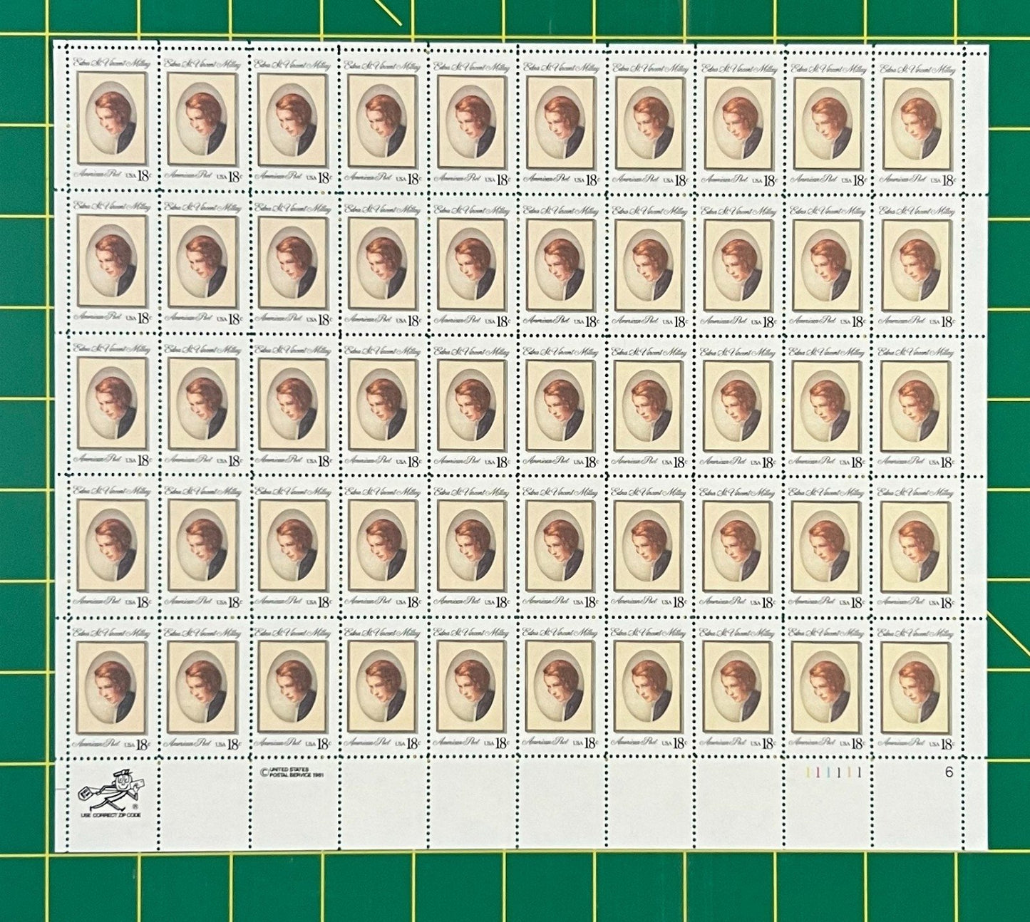US 1926 Mint Sheet (MNH) Edna St Vincent Millay Poet 18-Cent 1981 ZAYIX
