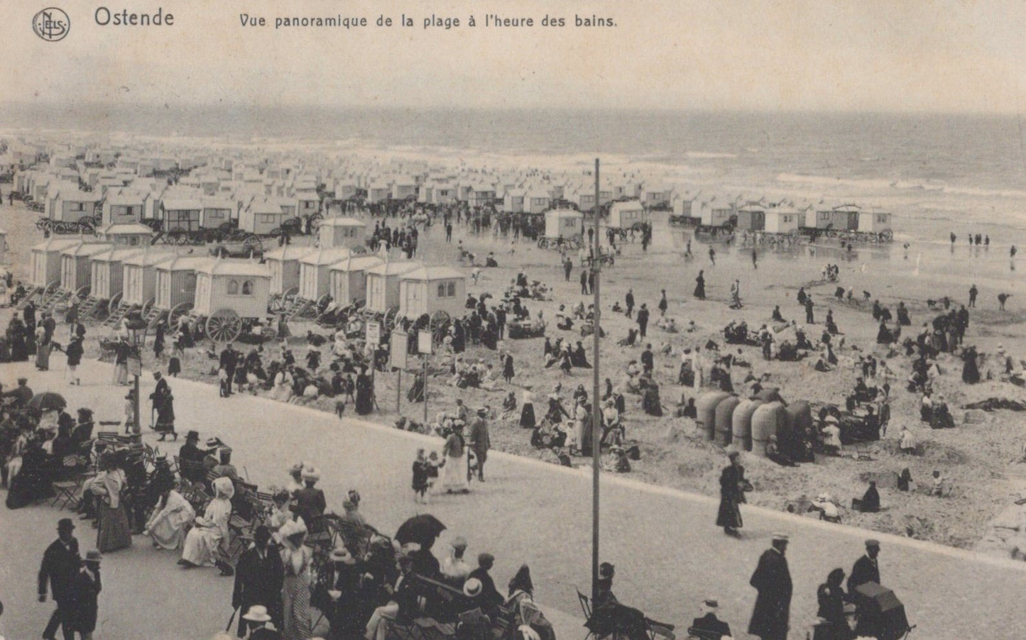 1911 Belgium Ostend Beach Bathing Machines Crowded Promenade Nels Postcard ZAYIX