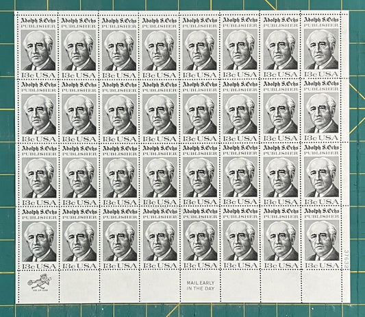 US 1700 Mint Sheet (MNH) Adolph S Ochs Publisher 13-Cent 1976 ZAYIX