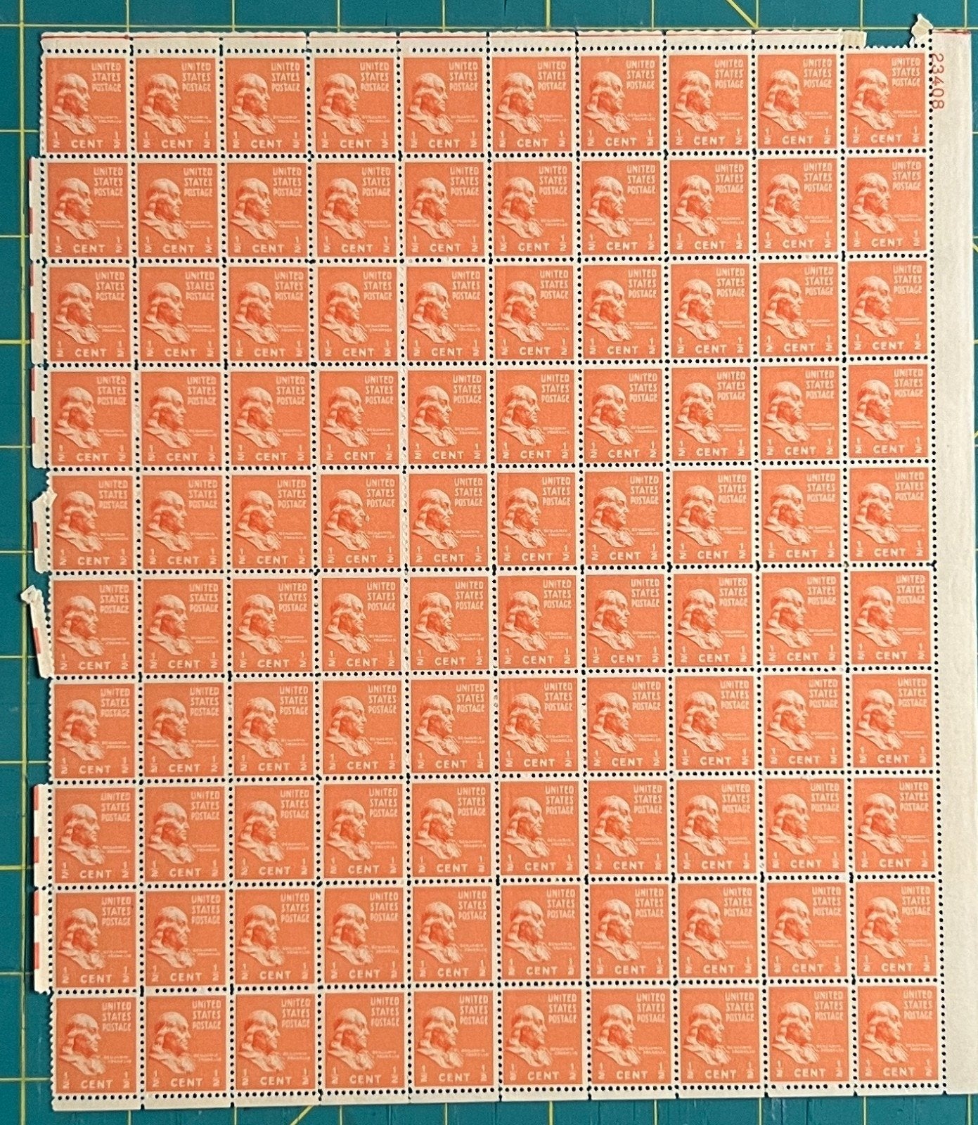 US 1938 ½¢ Benjamin Franklin Mint Sheet MNH (Scott 803) – ZAYIX