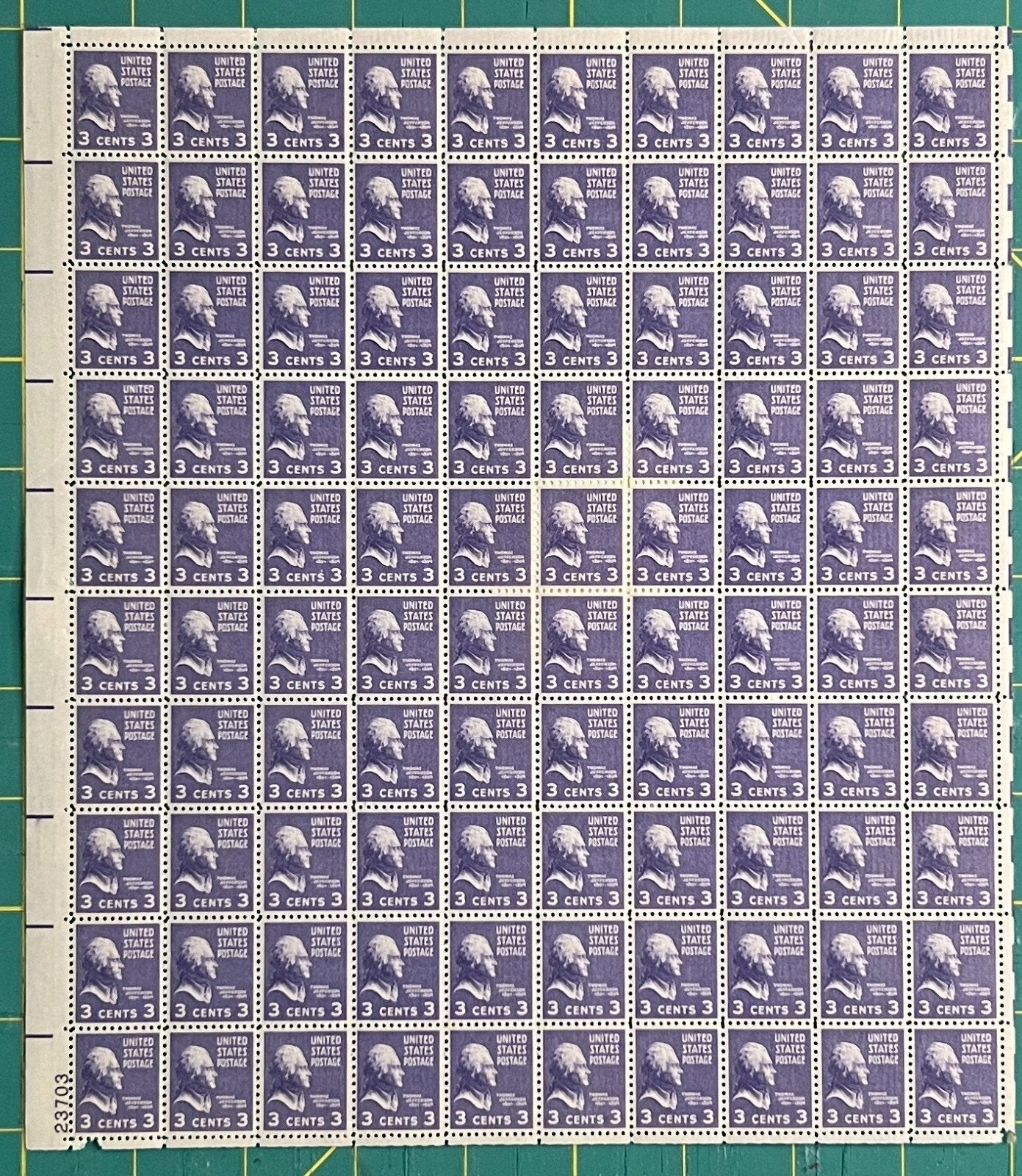 US 1938 3¢ Thomas Jefferson Mint Sheet MNH (Scott 807) – ZAYIX