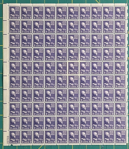 US 1938 3¢ Thomas Jefferson Mint Sheet MNH (Scott 807) – ZAYIX